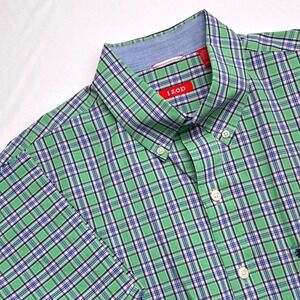 IZOD Mens Plaid Short Sleeve Button Up Shirt Size XLT Green Blue White Spring